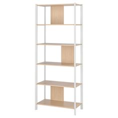 a white and wood book shelf with three shelves on each side, one is empty