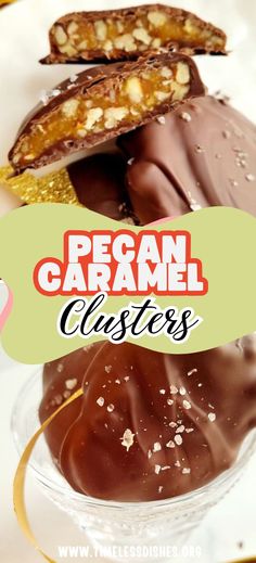 pecan caramel clusters in a bowl with text overlay that reads pecan caramel clusters