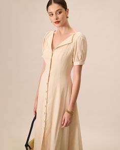 Fabric: This Puff Sleeve Midi Dress is made of Cotton. Cotton fabric features humidity balance, durability, and eco-friendly nature, feeling soft but not stiff when touching the skin. 
 
 Description: This dress is crafted from soft, breathable cotton, ensuring comfort throughout the day. The charming apricot hue and puff sleeves add a touch of romance and femininity, making it a perfect choice for any occasion. The midi length provides a graceful silhouette, suitable for both casual outings and Apricot Dress, Puff Sleeve Midi Dress, Cotton Midi Dress, Sleeve Midi Dress, Feminine Look, Everyday Dresses, Womens Midi Dresses, Sleeve Cotton, Fabric Cotton