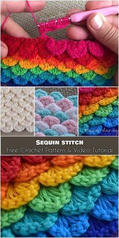 the crochet pattern is being used to make this rainbow colored stitched afghan