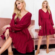 The Perfect Dress For The Holidays And Beyond! Beautiful Deep Wine Color And Tiered, Ruffled Skirt Make This Your Go To Party Dress. Very Comfy And Soft. Size Large, New With Tags. Features:: -Ultra Buttery Soft Fabric - V Neckline - Tiered Ruffled Fabric - Knee / Midi Length - Long Sleeves - Ruffled Lower Hem - Functional Pockets - Stretchy Elastic Wrists - Non Sheer - Stretchy Waist Measurements(Approx.): Pit-To-Pit:22", Waist (Relaxed):15", Waist (Extended)::20", Length: 34". True To Size. Co Solid Knee-length Ruffle Dress, Solid Knee-length Ruffle Dress With Ruffle Hem, Knee-length Ruffle Dress With Ruffle Hem, Solid Color Knee-length Ruffle Dress, Fall Midi Dress With Ruffle Hem And Tiered Skirt, Red Tiered Mini Dress For Brunch, Flowy Long Sleeve Dresses With Ruffled Skirt, Red Long Sleeve Dress With Ruffle Hem, Red Flowy Tiered Midi Dress