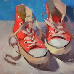 an oil painting of red shoes with white laces