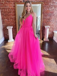 Stylish Deep V Neck Backless Hot Pink Long Prom Dresses, Open Back Hot Pink Formal Graduation Evening Dresses Hot Pink Long Dress, Pink Long Prom Dresses, Pink Tulle Prom Dress, 2021 Prom Dresses, Formal Dresses Graduation, Cheap Prom Dresses Long, Prom Dresses Long Pink, Winter Formal Dresses, Beaded Tulle