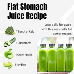 there are four green juices in bottles with the words flat stomach juice recipe on them