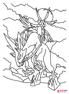 the pokemon coloring page with an image of a person riding on a horse in front of clouds