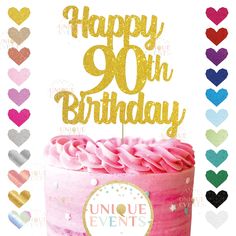 a pink and gold birthday cake with the number fifty five on it's top