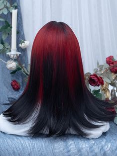 Get ready to turn heads with our stunning black and red ombre straight synthetic wig.  This high-quality wig features a striking ombre color blend of black transitioning into vibrant red, creating a bold and eye-catching look.  The straight style adds sleekness and sophistication to any outfit or costume.   Please note that this product includes only the wig.  Garment Size SizeFree SizeHair Length48 Red Roots Black Hair Wig, Black Hair Red Tips, Black Roots Red Hair, Black And Red Ombre, Black To Red Ombre