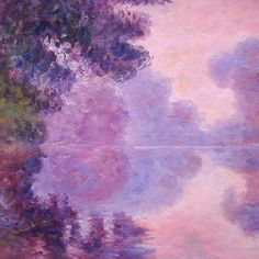 an oil painting of trees and water with clouds in the sky behind them, on a pastel background