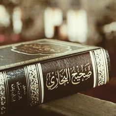 an old book sitting on top of a wooden table in front of a blurry background