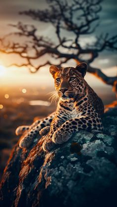 a leopard sitting on top of a rock next to a tree at sunset with the sun in the background