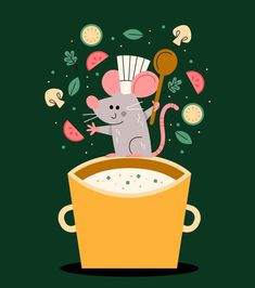 a mouse in a mug with spoons and vegetables coming out of the top, on a green background