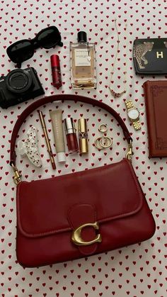 Red Coach Bag, Everyday Bag Essentials, Inside My Bag, Mode Turban, Purse Essentials, Red Purses, Fancy Bags