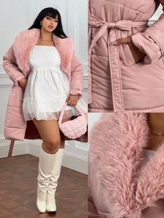 Plus Size Winter Warm Faux Fur Collar Turndown Collar Open Front Cinched Waist Button Pockets Pink Casual Cute Mid-Length Padded Coat Pink Casual  Long Sleeve Woven Fabric Plain Puffer Non-Stretch  Women Plus Clothing, size features are:Bust: ,Length: ,Sleeve Length: Bodycon Tops, Plus Size Winter, Cropped Leather Jacket, Padded Coat, Woolen Coat, Turndown Collar, Women's Shapewear, Black Party, Faux Fur Collar