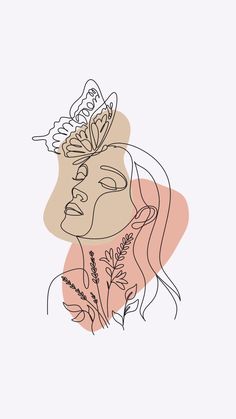 a line drawing of a woman's face with flowers on her head and leaves in her hair