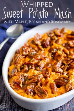 sweet potato mash with maple pecan and rosemary in a white bowl on a blue cloth