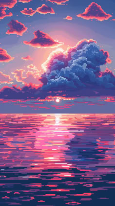 the sun is setting over the water and clouds are reflected in the water, with pink hues