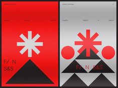 three posters with different shapes and sizes in red, white, black and grey colors