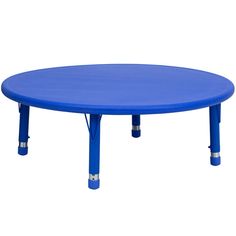 a blue plastic table with four legs and a round top on an isolated white background