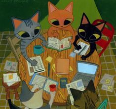 three cats sitting at a table with books and laptops on it, one cat is reading