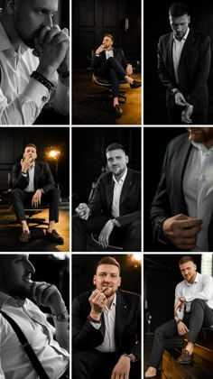 a collage of men in suits and ties posing for pictures with their hands on their chins