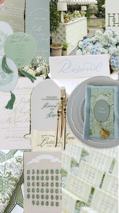 a collage of wedding and party items including napkins, place cards, flowers