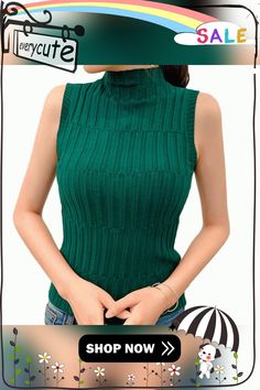 New High Quality Summer Autumn Women Mock Neck Top Turtleneck Sleeveless T-shirt Slim Knitted Vest Female Tee Knitwear Green Knit High Neck Top, Green High Neck Knit Top, Green High-neck Knit Top, Green Knit Turtleneck Top, Stretch Knit High Neck Tank Top, High Neck Stretch Knit Tank Top, Green Winter Vest Top, Green Sleeveless Knit Top For Fall, Green Ribbed High Neck Top