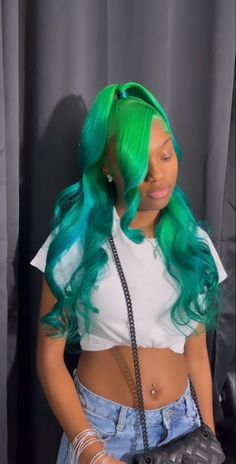 Green Wigs, Frontal Wig Hairstyles, Black Ponytail Hairstyles, Green Wig, Dyed Hair Inspiration, Pretty Hair Color, Hot Hair Styles, Human Virgin Hair, Dope Hairstyles