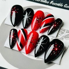 Welcome to LD Nails!  Hi, I'm Bur and I'll be your long distance nail ghoul 😜 Read on for the obligatory written description of what you see in the pictures, plus some other important stuff..  🖤 One set of 10 REUSABLE Press On Nails 🖤 Sinister Snowflake: black red and white hand painted snowflake Christmas press on nails. 👉 Please leave your finish preference and (if applicable) custom sizing in the personalization box!  Est. 2020: LD Nails specializes in custom Gothic, Witchy and Alternative Press On Nails. I draw inspiration from what I love, so you'll find heavy gothic influences to much of the offerings in my shop!  5 ⭐️ Rating on Etsy & 1000's of orders shipped between this shop and my website!  Check out my other listings to see what else I've got! https://www.etsy.com/ca/shop/LD Emo Nail Art Goth, Black Red Christmas Nails, Black And Pink Christmas Nails, Horror Christmas Nails, Red Black Silver Nails, Gothmas Nails, Black Christmas Nails Winter, Emo Christmas Nails, Christmas Goth Nails