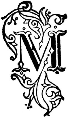 the letter m in an ornamental style with swirls and scrolls around it, vintage line drawing or engraving