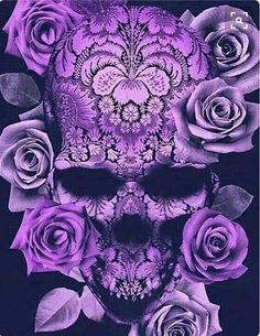 a purple skull with roses around it