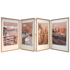 four paneled screen with an image of a country scene