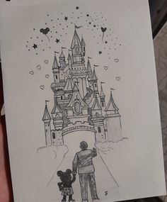 a drawing of a castle with a person holding a child's hand in front of it