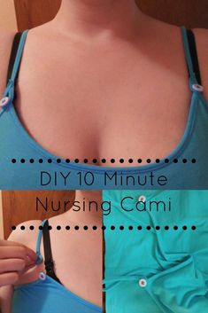 a woman wearing a blue top with black polka dots on it and the words diy 10 minute nursing cami