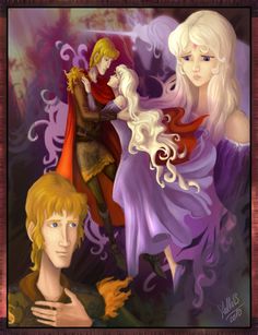 the three characters are depicted in this digital art style painting, one is blonde and the other is white