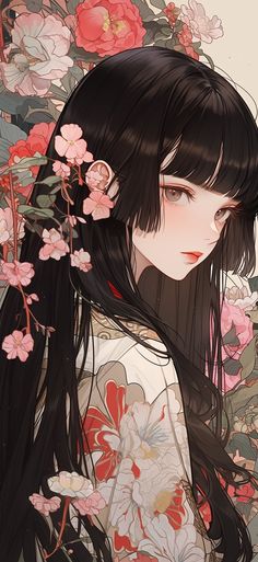 Wallpapers Iphone, Black Hair, Wallpapers, Iphone, Flowers, Hair, Anime, White, Black