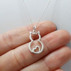 Cat With Heart, Lightning Bolt Necklace, Modern Silver Jewelry, Silver Necklace Simple