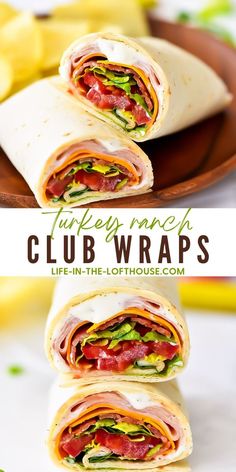 the wrap is cut in half and stacked on top of each other with different toppings