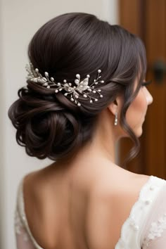 a woman wearing a bridal hair comb