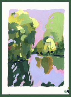 an abstract painting of trees and water in the foreground with pink, green, yellow and purple hues