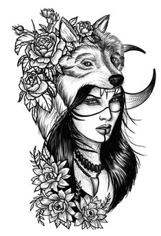 a drawing of a woman with flowers in her hair and a wolf's head