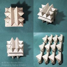 four pictures of different shapes and sizes of paper origami objects on a green surface