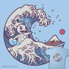 a t - shirt with an image of a cartoon character riding a wave in the ocean