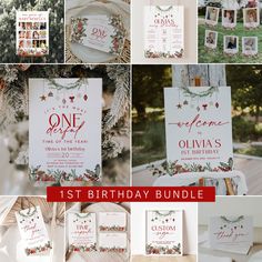 a collage of photos with the words first birthday bundle in red, white and green