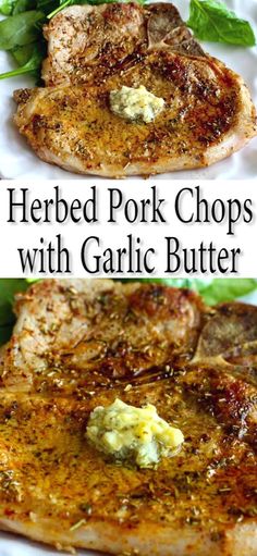 herbed pork chops with garlic butter on a white plate and green herbs in the background