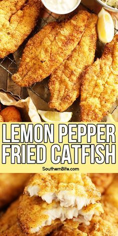 lemon pepper fried catchfish is served on a plate with dipping sauce and breadcrumbs