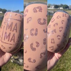 someone is holding up two wine glasses with the words mamma on them in pink glitter