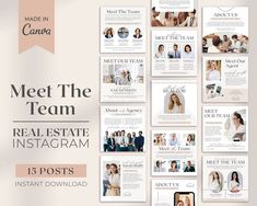 a group of people standing in front of a wall with the words meet the team real estate instagram