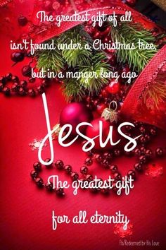 a christmas card with the words jesus on it and ornaments in front of red background