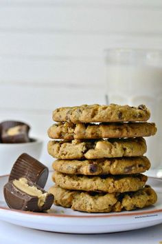 chocolate chip cookies stacked on top of each other