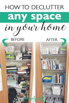 the before and after pictures of an organized closet with bookshelves, baskets, and other items